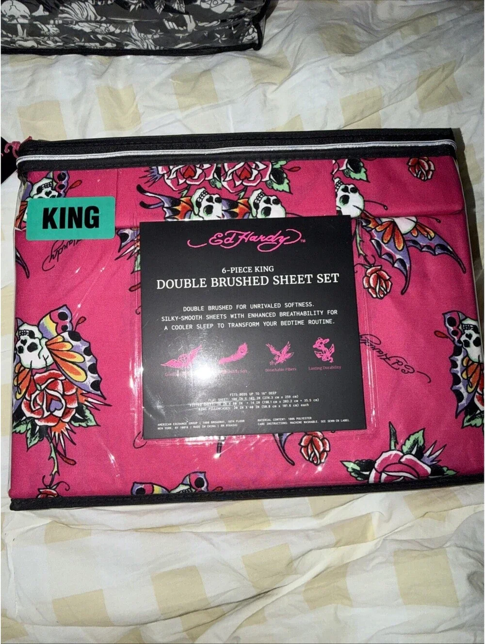 Ed Hardy King 6pc Sheet Set Pink Skull Wings Roses Embossed NWT